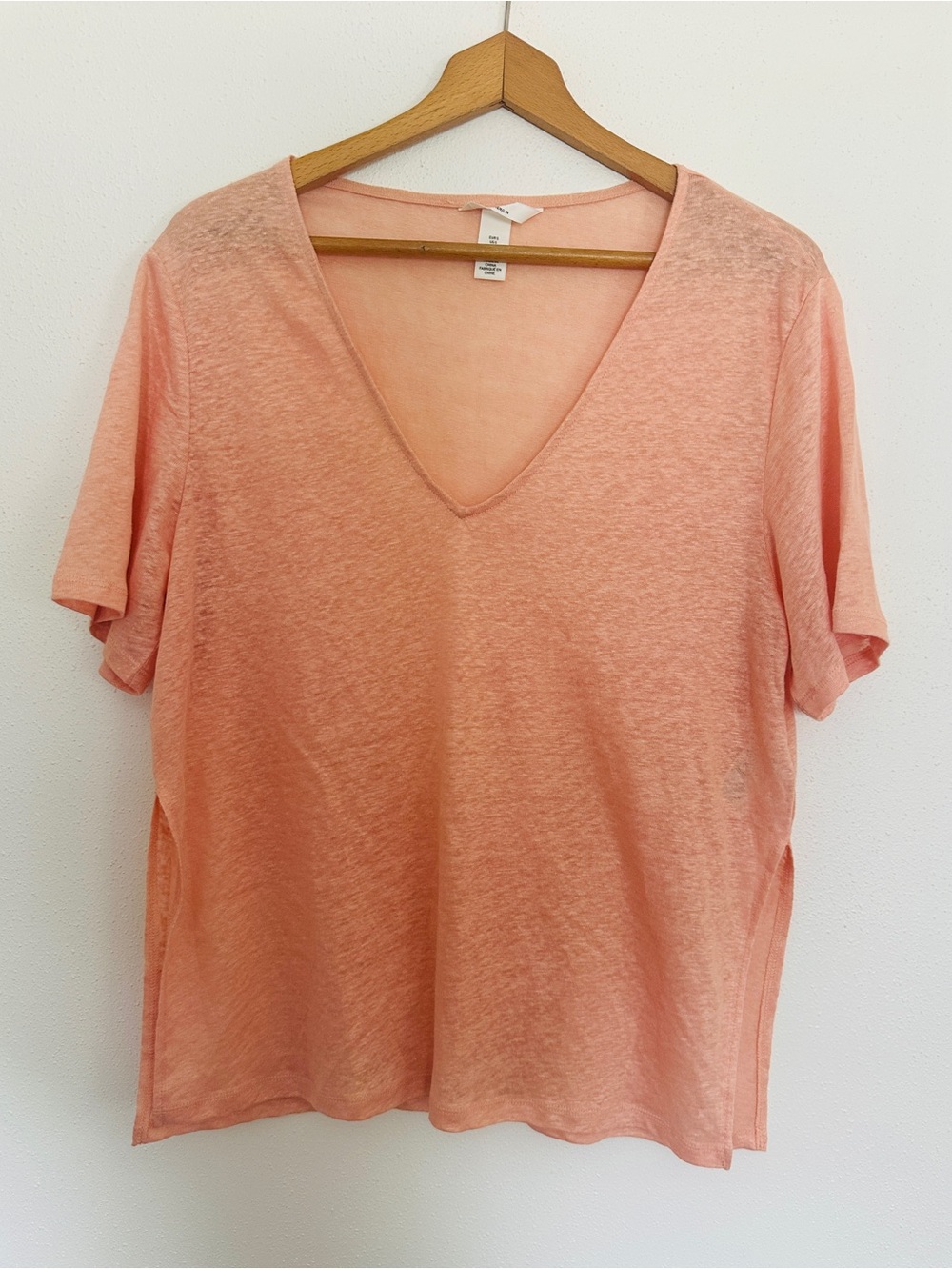 H&M 100% Linen V-Neck Tee Shirt Peach Pink Slub Short Sleeve Small